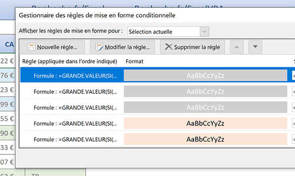 Gestionnaire Excel des règles de mise en forme conditionnelle en vigueur sur le tableau sélectionné