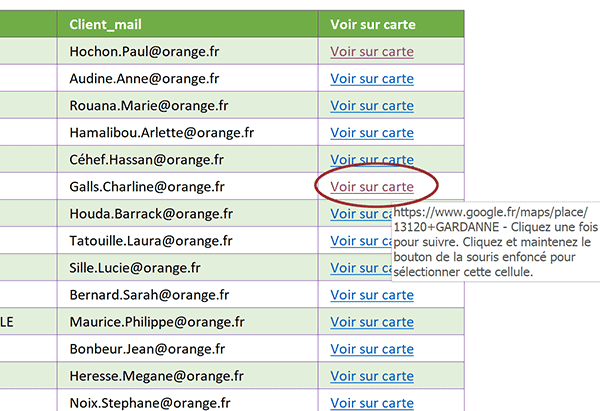 Créer des liens hypertextes par calcul Excel pour afficher adresse des clients dans Google Maps