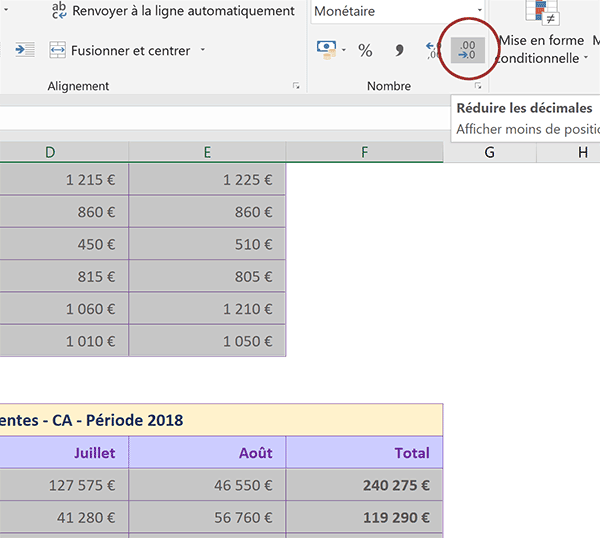 Réduire précision des chiffres après la virgule pour présentation des résultats dans tableau Excel