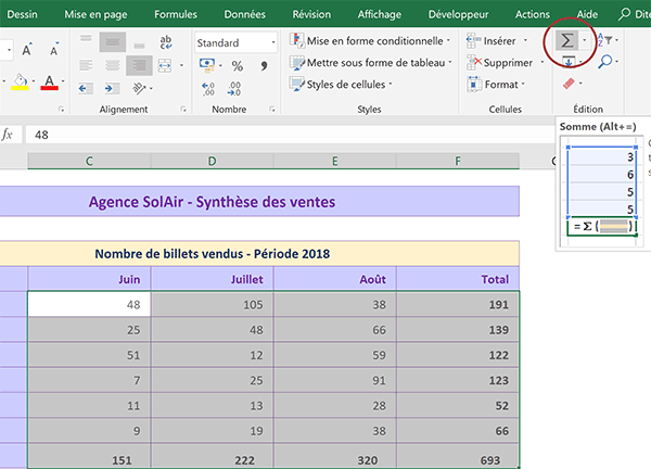 Calculer automatiquement toutes les sommes en ligne et colonne dans tableau Excel en un seul clic