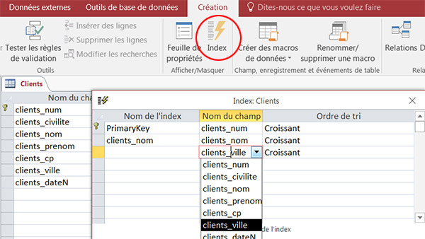 Création index multi-champ, recherche Access