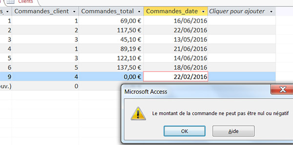 Règle de validité sur un champ de table Access