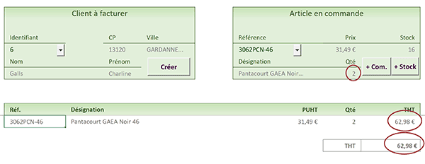 Construction de la facture du client par ajout des articles à la commande