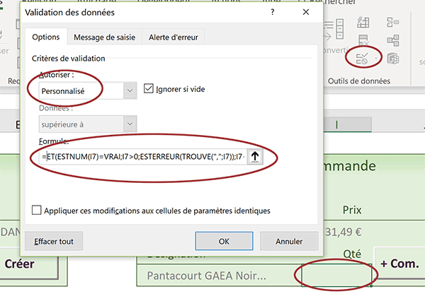 Règle de validité Excel pour contrôler saisie quantité article achetée