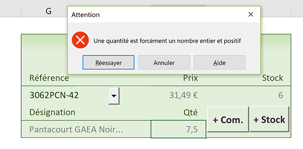 Contrôle de validité Excel pour les quantités refusant la saisie pour un nombre décimal ou un texte