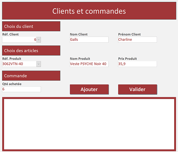 Formulaire Access pour insérer des produits achetés dans la commande du client
