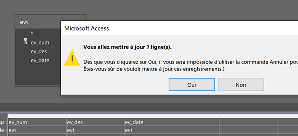 Message alerte pour la requête Access de mise à jour des dates