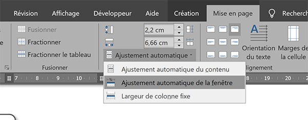 Ajustement automatique de la fenêtre pour adapter les dimensions du tableau à l-orientation des pages du document Word