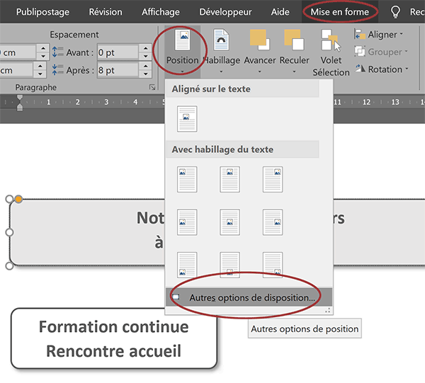 Régler les options de disposition des formes géométriques dans un document Word