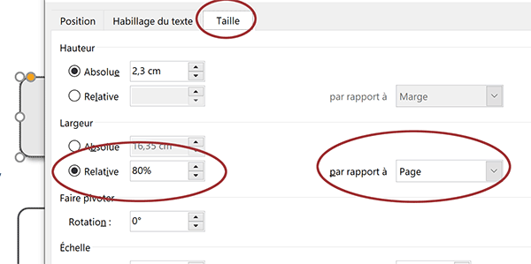 Réglages Word pour ajuster automatiquement la largeur de la forme géométrique à l-orientation de la page