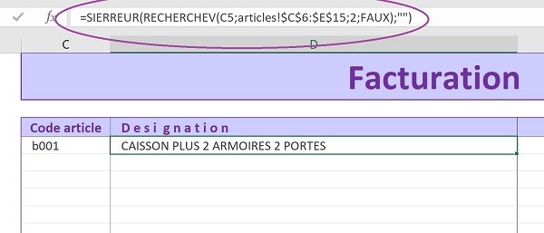 Extraction éléments de référence article par RechercheV pour facturation Excel