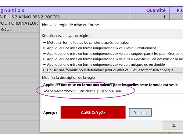 Mise en valeur dynamique des cellules de la facture Excel lorsque la quantité en Stock est dépassée