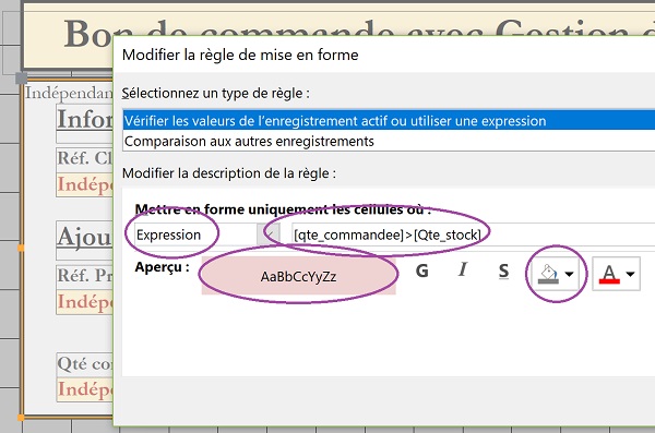 Critère dynamique et réglages de mise en forme conditionnelle pour alerte automatique sur les stocks dépassés