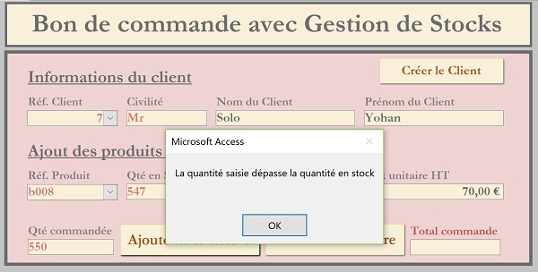 Alerte automatique sur la quantité disponible en stock pour la facturation Access