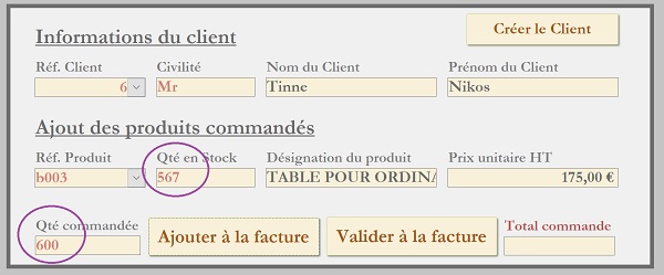 Incohérence facturation Access, quantité commandée supérieure au stock