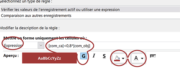 Règle Access de mise en forme conditionnelle pour repérer en couleur les mauvais résultats