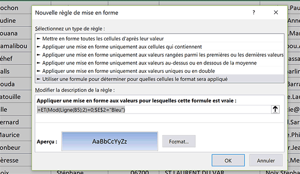 Règle de mise en forme conditionnelle Excel pour alterner automatiquement les couleurs du tableau sur les lignes paires