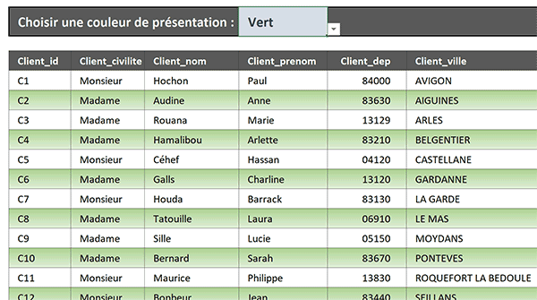 Base de données Excel avec coloration automatique une ligne sur deux pour faciliter repérage et lecture