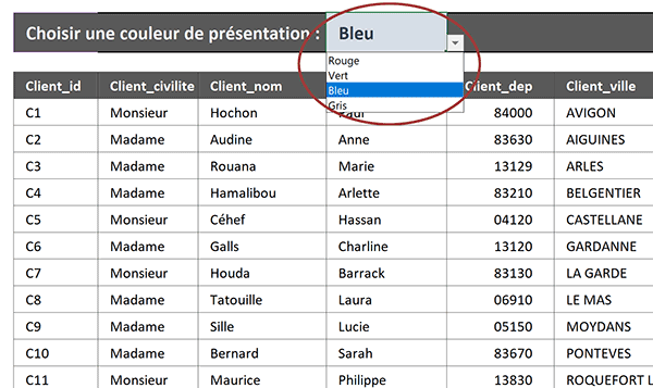 Liste déroulante pour modifier automatiquement les couleurs du tableau Excel