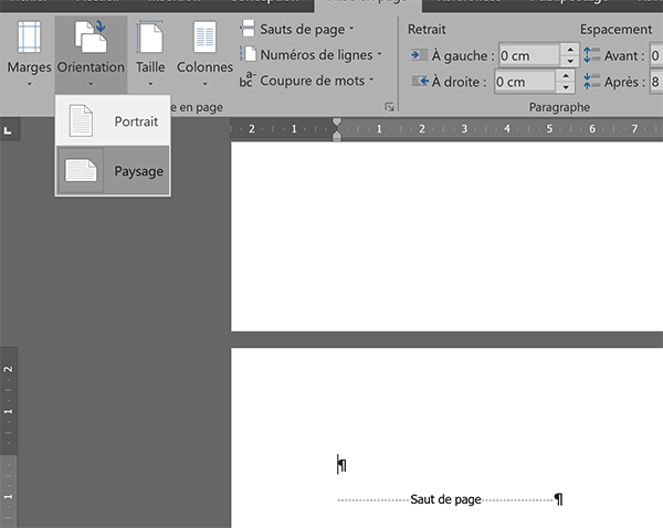 Changement d-orientation d-une feuille prend effet sur toutes les pages du document Word