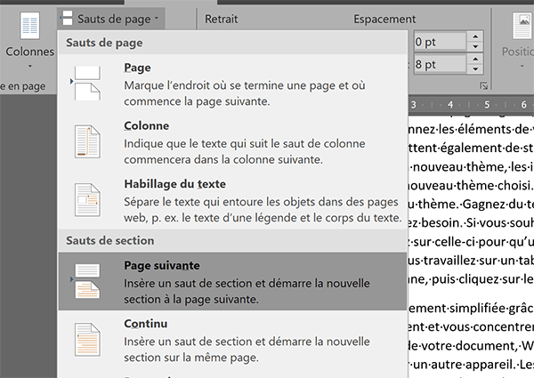 Insérer un saut de section page suivante pour permettre des orientations de page différentes dans un document Word