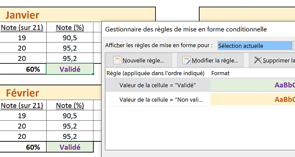 Mettre en valeur de couleur automatiquement et dynamiquement résultats calculs analyse critères Excel