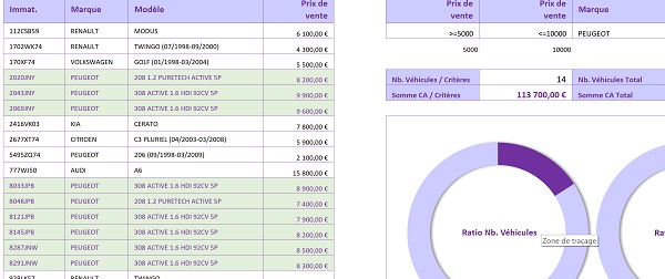 Tableau de bord Excel dynamique repérant visuellement les données recoupant les critères posés