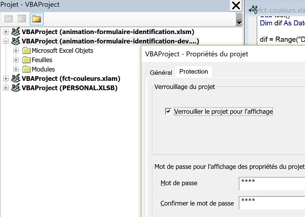 Propriétés pour protection projet Visual Basic Excel