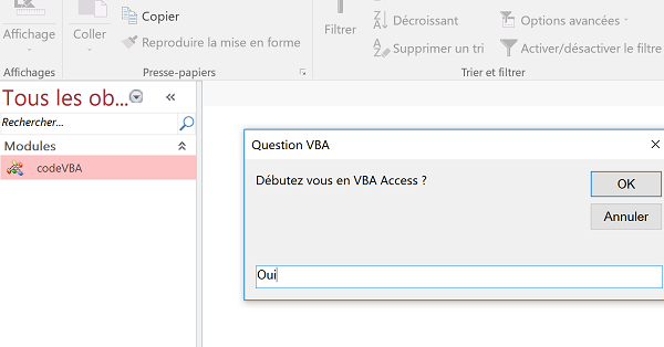 Exécution code VBA Access pour déclencher boîte de dialogue avec zone de saisie, InputBox