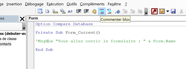 Barre outils Edition pour commenter et neutraliser code VBA Access