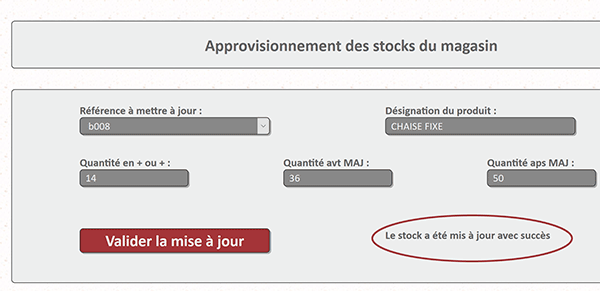 Message de confirmation de mise à jour des stocks MySql sur interface Web Php