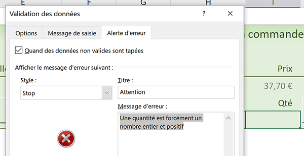 Paramétrer le message erreur Excel en cas de saisie non conforme dans la cellule