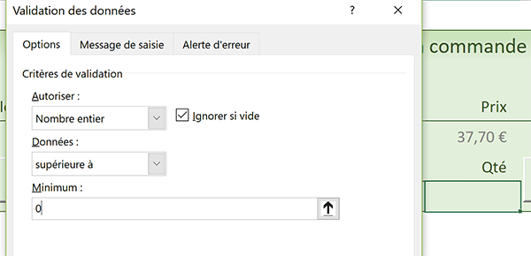 Règle de validité Excel sur cellule de quantité achetée pour nombre entier positif