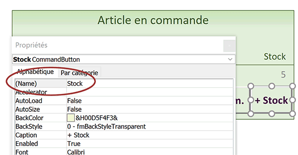 Feuille de propriétés du bouton de feuille Excel pour modifier son nom