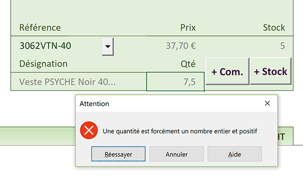 Alerte erreur pour saisie non autorisée dans cellule Excel car nombre décimal