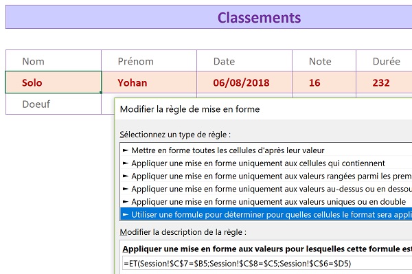Mise en valeur dynamique des résultats du candidat pour faciliter le repérage après évaluation VBA Excel