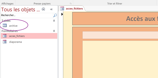 Formulaire Access pour parcourir les fichiers et les archiver dans une table