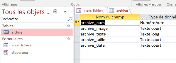 Champs de table Access pour archiver données de fichiers externes en VBA