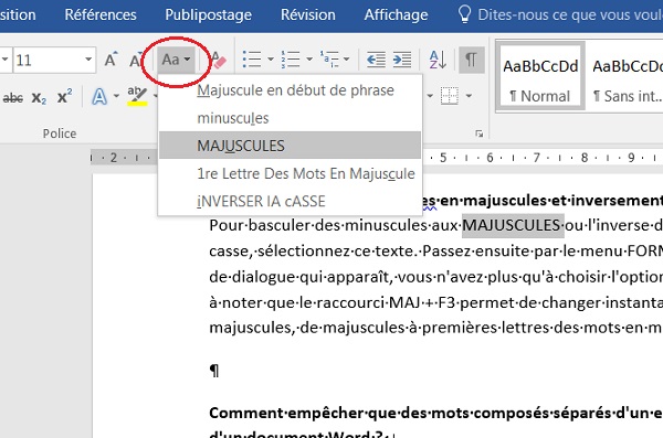 Changer minuscules en majuscules dans Word