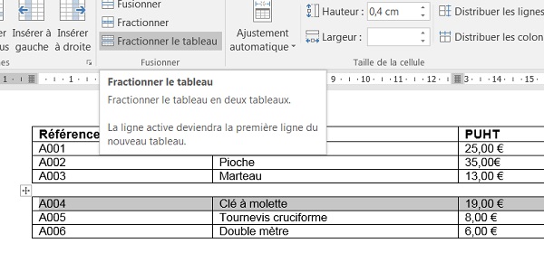 Couper un tableau en deux dans Word