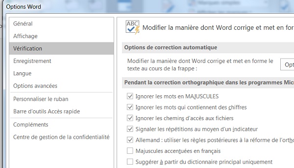 Règles de correction orthographique dans Word