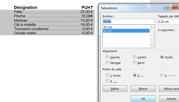 Tabulation, alignements avec points de suite