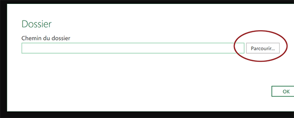 Boîte de dialogue Excel pour désigner le dossier des fichiers à analyser