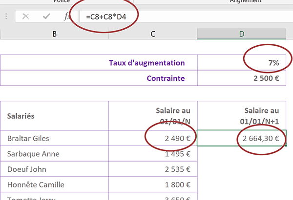 Calculer une augmentation de salaire selon un taux en pourcentage avec Excel