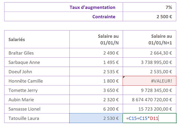 Erreurs de calculs Excel pour augmentations dynamiques de salaires selon taux en pourcentage