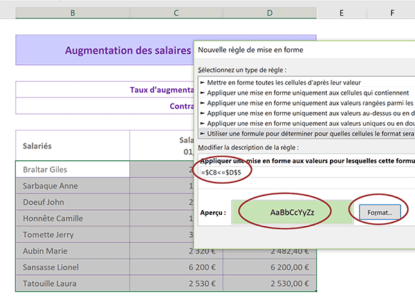 Définir la couleur dynamique à afficher lorsque le critère est vérifié sur les salaires