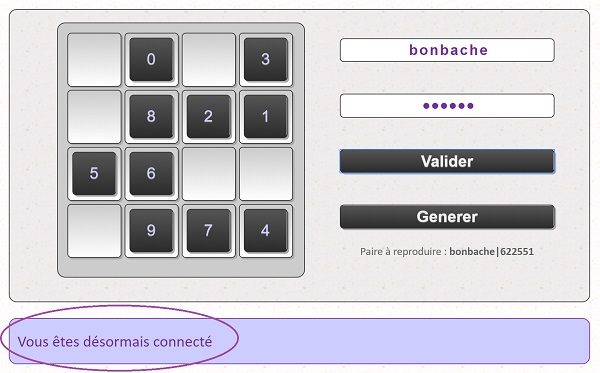 Validation identification sécurisée contrôlée en Javascript sur mot de passe inscrit par des boutons placés aléatoirement