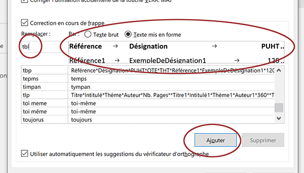 Créer une nouvelle entrée de correction automatique Word pour automatiser la construction de textes alignés en colonnes par les taquets de tabulation