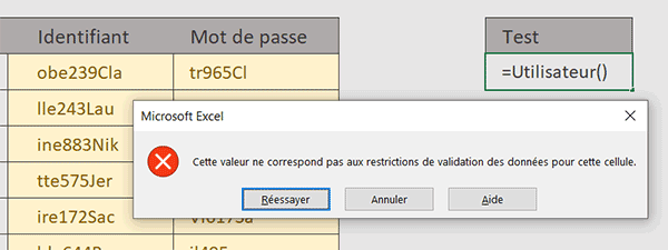 Modification non autorisée pour utilisateur actif sur la feuille Excel