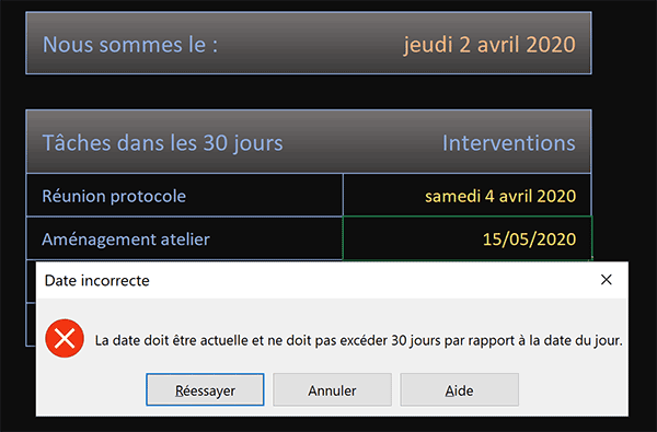 Empêcher la saisie de dates non situées dans l-intervalle défini avec Excel